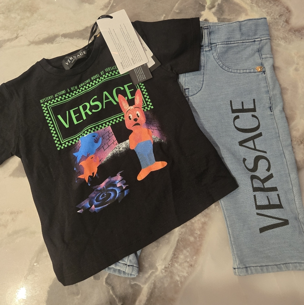 Versace Black Graphic Tee and Light Blue Logo Jeans Kids Matching Set